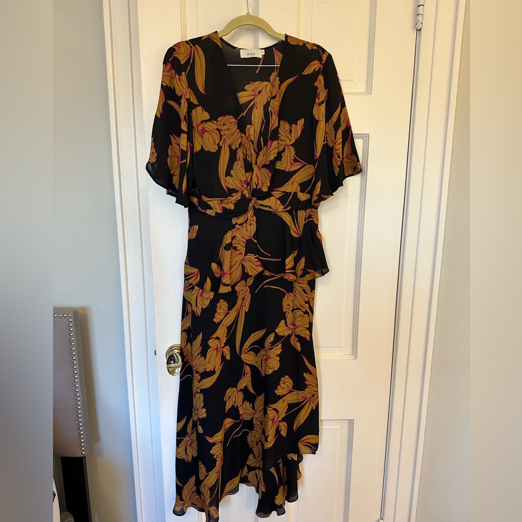 Alc Zadie Floral Peplum Handkerchief Dress Black And Brown/Tan Size 10